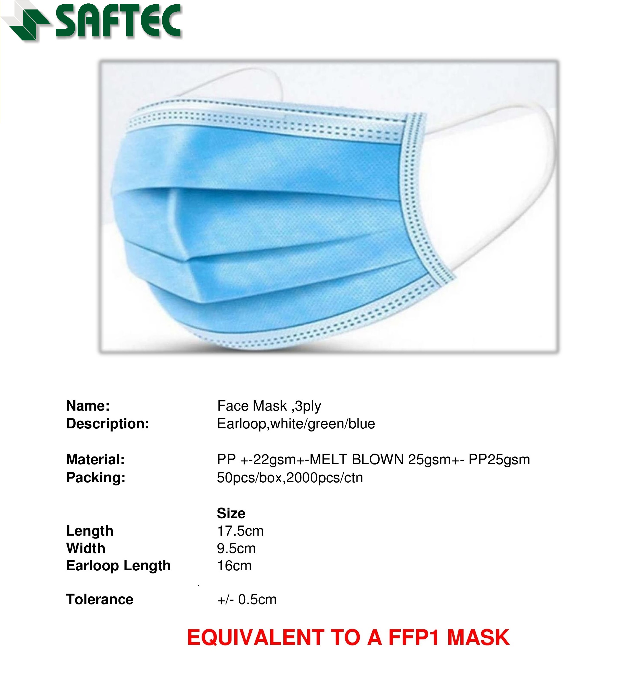SAFTEC  Surgical Masks (Face Masks) 3 PLY