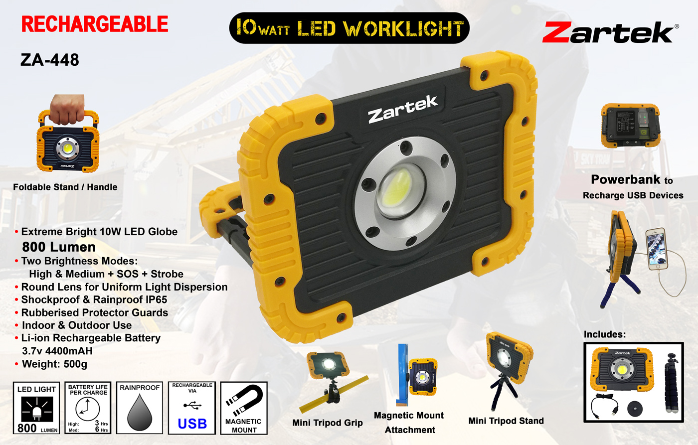 ZarteK USB Rechargeable LED Worklight 10 Watt with Powerb