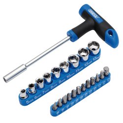T-Handle Screwdriver, Socket and Bit Set, 1/4" Sq. Dr. (22 Piece)
