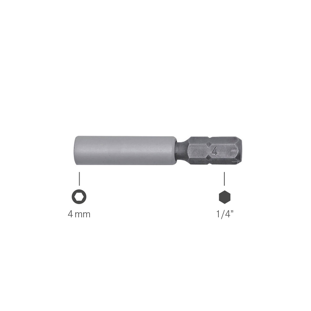 Bit Adapter 1/4 to 4mm bits, length 42,5mm