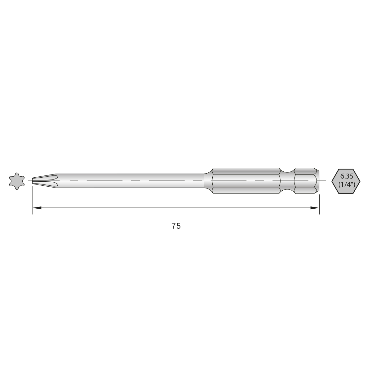 Industrial Bit TORX 10 drive 1/4 inch E6.3, length 75mm (PU6)